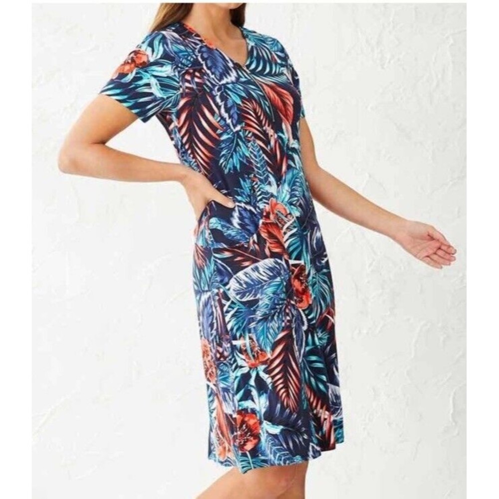 TOMMY BAHAMA T-shirt Dress Size S/P small Tropical Print Flashing Fronds Cotton